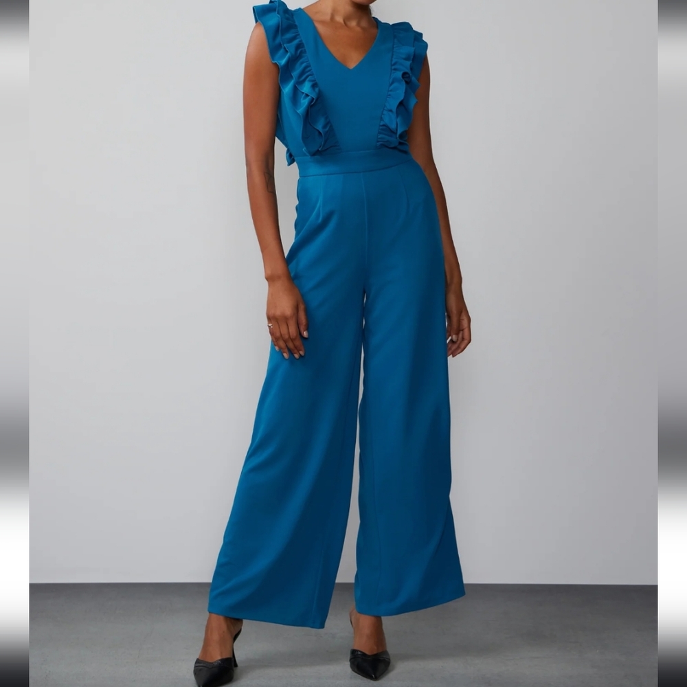 New York and Company Sleeveless Ruffle Detail Jumpsuit